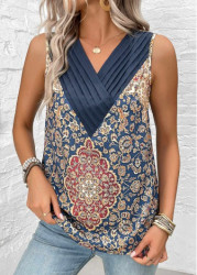 Modlily Blue Patchwork Tribal Print Sleeveless V Neck Tank Top - S