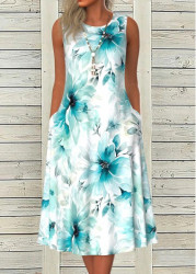 Modlily Blue Pocket Floral Print A Line Sleeveless Dress - S