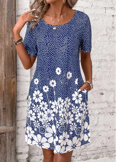 Modlily Blue Pocket Floral Print Short Round Neck Dress - S