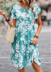 Modlily Blue Ruffle Floral Print Short Sleeve Dress - S