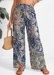 Modlily Blue Smocked Tribal Print Elastic Waist High Waisted Pants - S