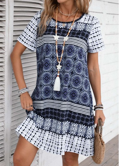 Modlily Blue Tribal Print A Line Short Sleeve Dress - S