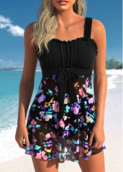 Modlily Bowknot Floral Print Black Swimdress Set - XXL