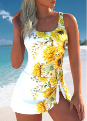 Modlily Bowknot Floral Print White One Piece Swimdress - XL