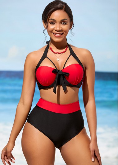 Modlily Bowknot High Waisted Color Block Bikini Set - L