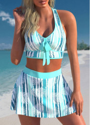 Modlily Bowknot Leaf Print Cyan Bikini Set - L