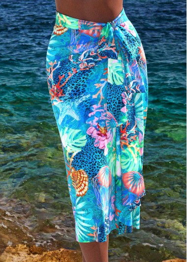 Modlily Bowknot Marine Life Print Cyan Sarong - XXL