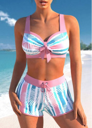 Modlily Bowknot Multi Stripe Print Pink Bikini Set - S