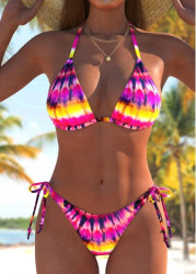 Modlily Bowknot Tie Dye Print Hot Pink Bikini Set - M