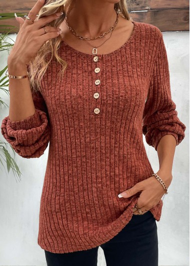 Modlily Brick Red Button Long Sleeve Round Neck T Shirt - S