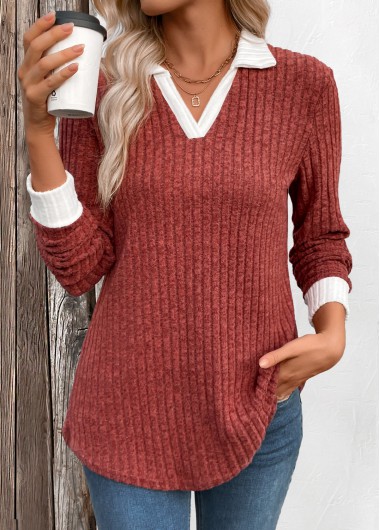 Modlily Brick Red Patchwork Long Sleeve T Shirt - S