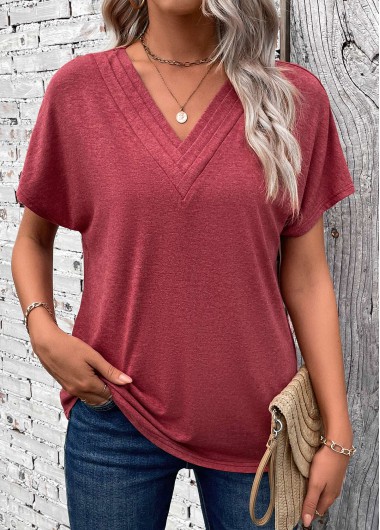 Modlily Brick Red Patchwork Short Sleeve V Neck T Shirt - S