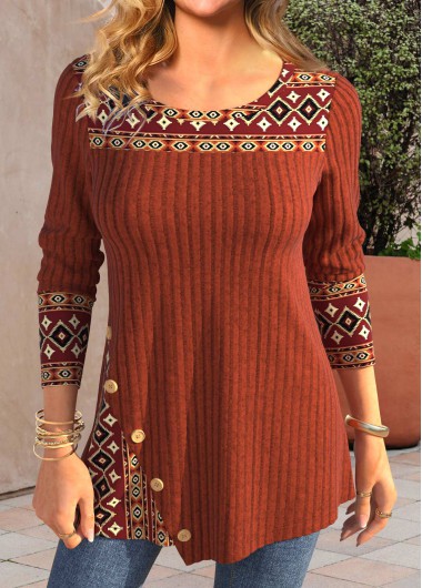 Modlily Brick Red Patchwork Tribal Print Long Sleeve T Shirt - M