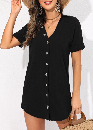 Modlily Button Black V Neck Cover Up - L