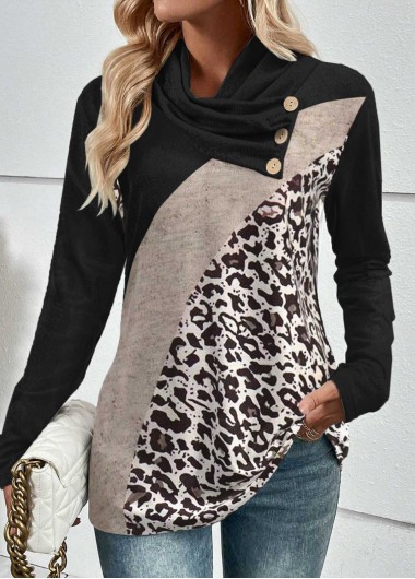 Modlily Button Leopard Long Sleeve Asymmetrical Neck Sweatshirt - XXL