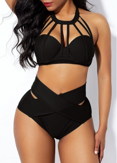 Modlily Cage Neck High Waist Cross Front Bikini Set - XXL