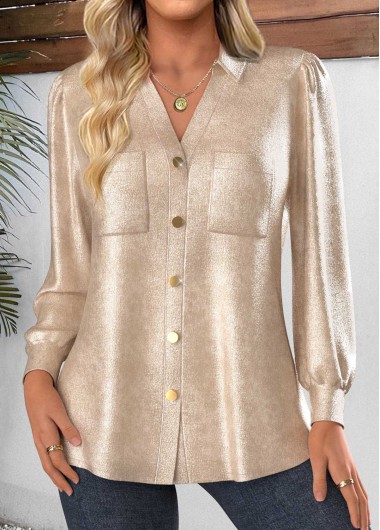 Modlily Champagne Button Long Sleeve Tunic Shirt - S