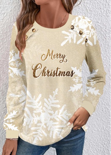 Modlily Champagne Button Snowflake Print Christmas Round Neck Sweatshirt - XL