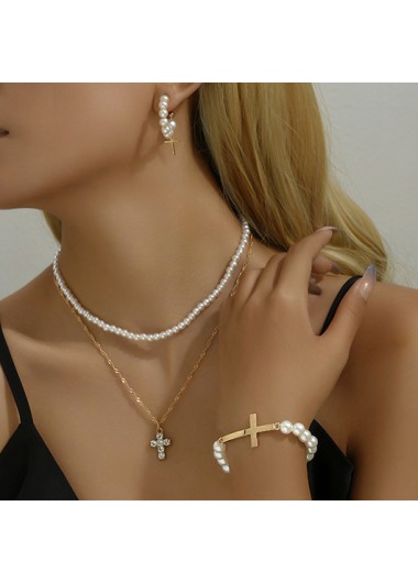 Modlily Champagne Cross Pearl Necklace and Bracelet Set - One Size