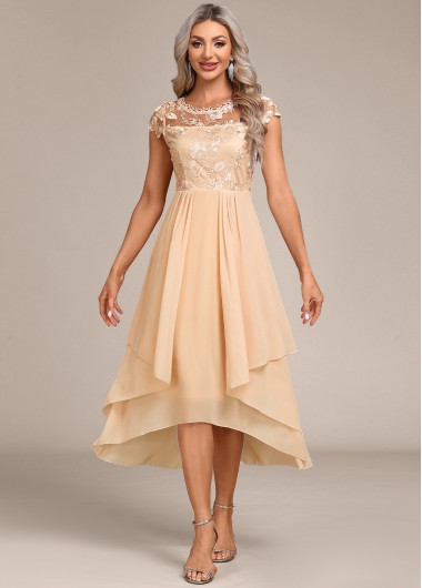 Modlily Champagne Lace High Low Short Sleeve Dress - S