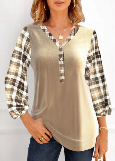 Modlily Champagne Velvet Plaid 3/4 Sleeve Blouse - M