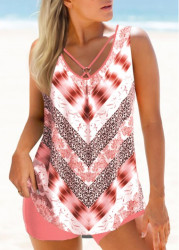 Modlily Chevron Print Leopard Cross Strap Pink Tankini Set - S