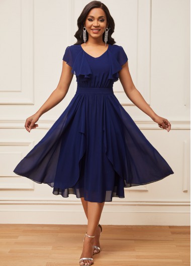 Modlily Chiffon Navy Blue Short Sleeve V Neck Dress - M