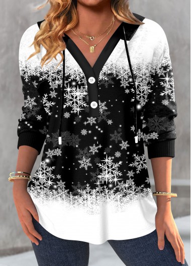 Modlily Christmas Black Drawstring Snowflake Print Long Sleeve Hoodie - XL