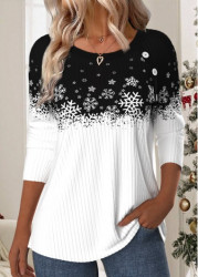 Modlily Christmas Black Patchwork Snowflake Print Long Sleeve T Shirt - S