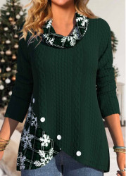 Modlily Christmas Blackish Green Button Snowflake Print Cowl Neck Sweatshirt - M