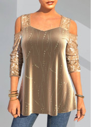 Modlily Christmas Design Gold Cold Shoulder Sequin T Shirt - S