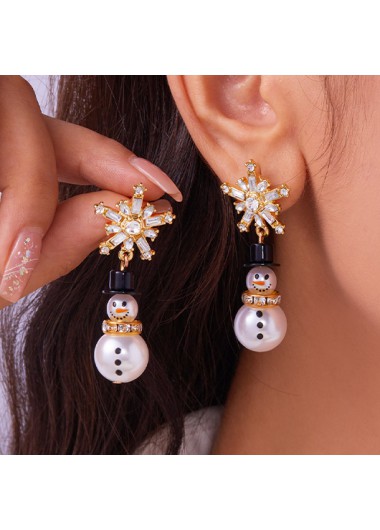 Modlily Christmas Golden Alloy Pearl Snowman Earrings - One Size