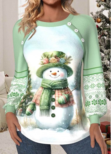 Modlily Christmas Light Green Patchwork Long Sleeve Round Neck Sweatshirt - S