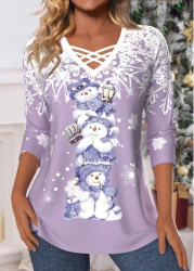 Modlily Christmas Light Purple Criss Cross Snowman Print T Shirt - S