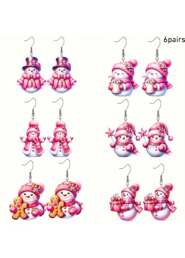 Modlily Christmas Pink Snowman Design Acrylic Earrings Set - One Size