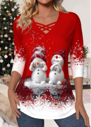 Modlily Christmas Red Criss Cross Long Sleeve T Shirt - S