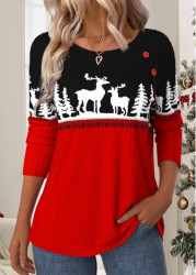 Modlily Christmas Red Patchwork Halloween Print Long Sleeve T Shirt - L