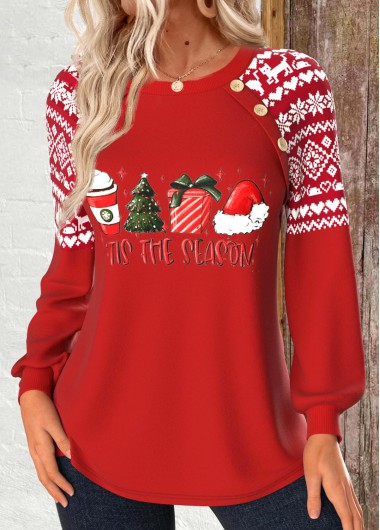 Modlily Christmas Red Patchwork Long Sleeve Round Neck Sweatshirt - L