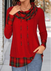 Modlily Christmas Red Patchwork Plaid Long Sleeve Cowl Neck Sweatshirt - S