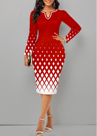 Modlily Christmas Red Split Geometric Print Long Sleeve Dress - XL