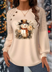 Modlily Christmas Skin Color Lace Long Sleeve Round Neck Sweatshirt - M