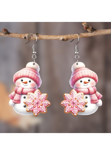 Modlily Christmas Snowman Design Pink Snowflake Earrings - One Size