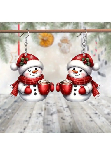 Modlily Christmas Snowman Print Red Acrylic Earrings - One Size