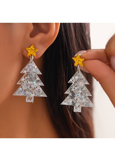 Modlily Christmas Tree Shape Silver Acrylic Detail Earrings - One Size