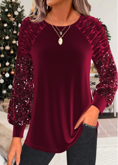 Modlily Christmas Wine Red Ruched Long Sleeve T Shirt - M