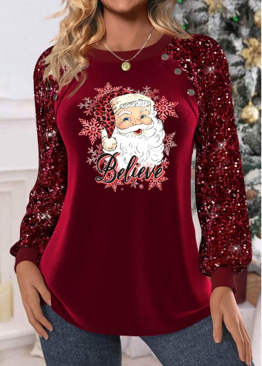 Modlily Christmas Wine Red Santa Claus Print Long Sleeve Sweatshirt - S