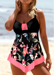 Modlily Circular Ring Random Floral Print Black Swimdress Set - M