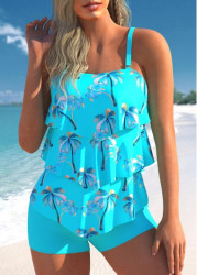 Modlily Coconut Tree Print Layered Hem Cyan Tankini Set - M