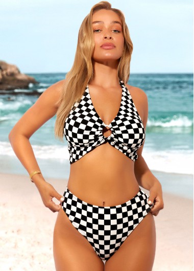 Modlily Color Block High Waisted Checkered Print Bikini Set - XL