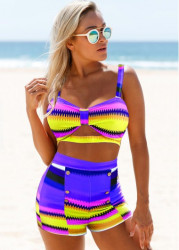 Modlily Colorful Geometric Print High Waisted Bikini Set - XXL